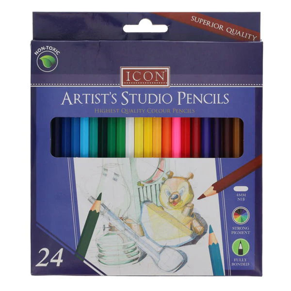 Pack of Icon Artist's Studio Pencils with colorful pencils and branding on a white background