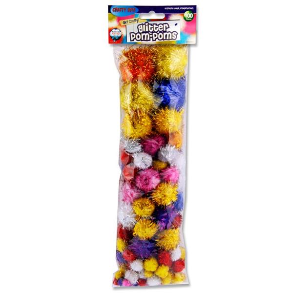 Pack of 100 Asst Sizes Pom Poms - Glitter