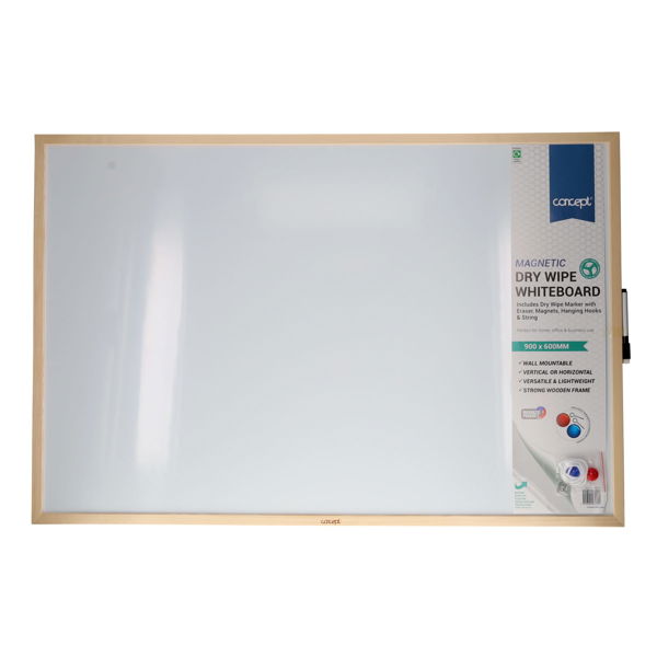 Dry erase whiteboard with wooden frame and Concept brand packaging on a white background