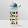 Children's water bottle with tractor pattern on a light gray background