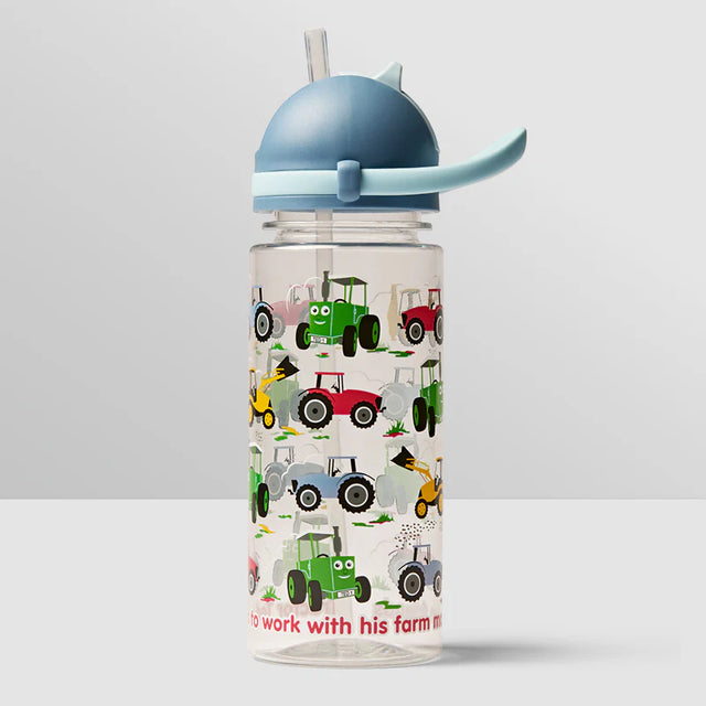 Children's water bottle with tractor pattern on a light gray background
