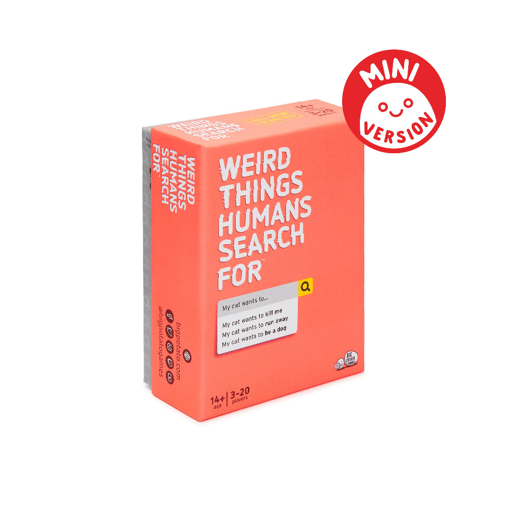 Red box of 'Weird Things Humans Search For' game with a mini version label on a white background