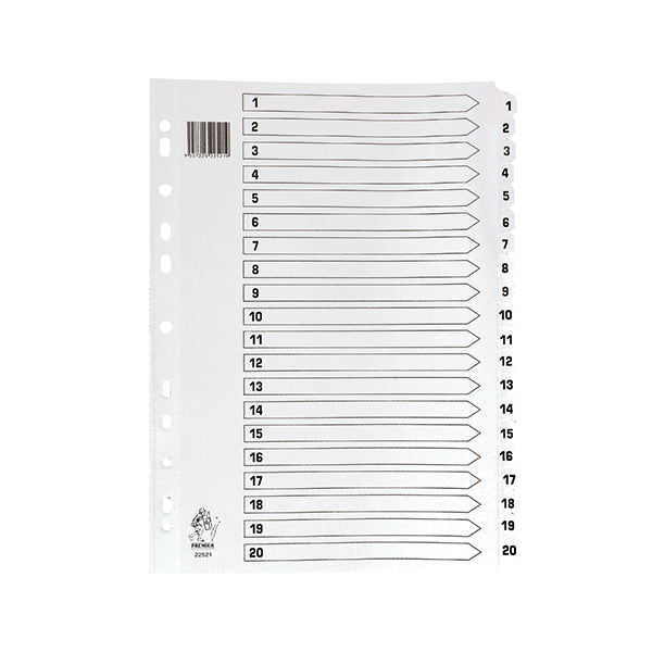 A4 White 1-20 Mylar Index Mylar Reinforced Tabs/Holes WX01531