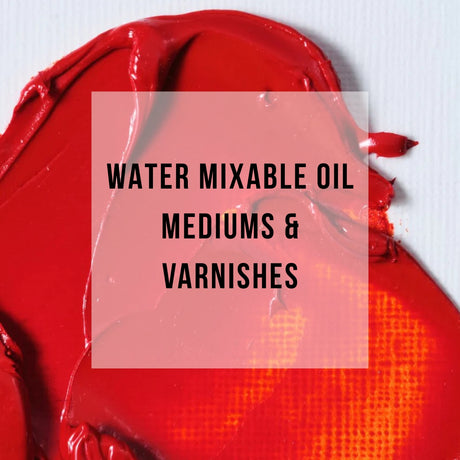 Red paint swatch with text overlay 'WATER MIXABLE OIL MEDIUMS & VARNISHES' on a white background