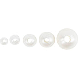 Set of five white wax beads of varying sizes on a white background