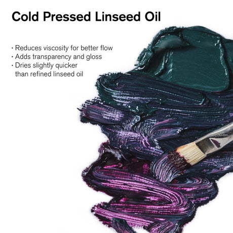 Winsor Newton Cold Pressed Linseed Oil features in a bullet point list next to a paint swatch and brush on a white background