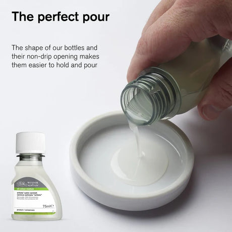 Hand pouring an oil medium from a bottle into a container with text about bottle design.