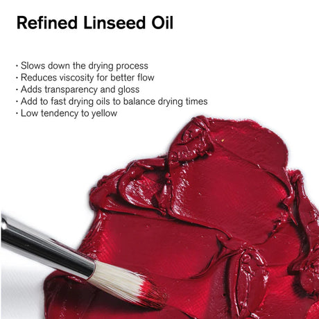Red paint with a brush and text about refined linseed oil on a white background