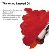 Red paint swatch with a brush and text about thickened linseed oil on a white background