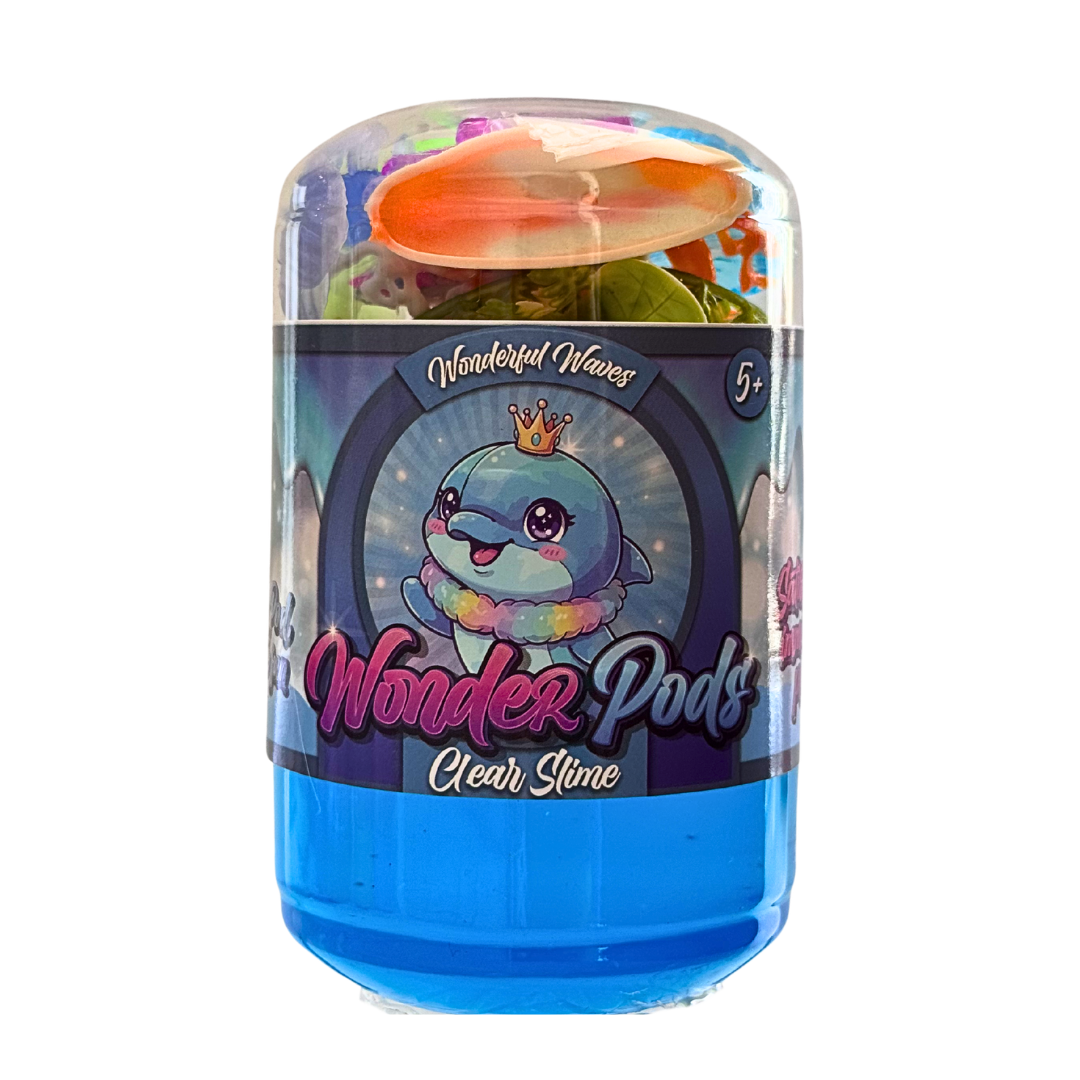 Wonder Pods Clear Stone toy container with a blue base, clear top, and a colorful orange stone visible inside, featuring a cartoon dolphin label.