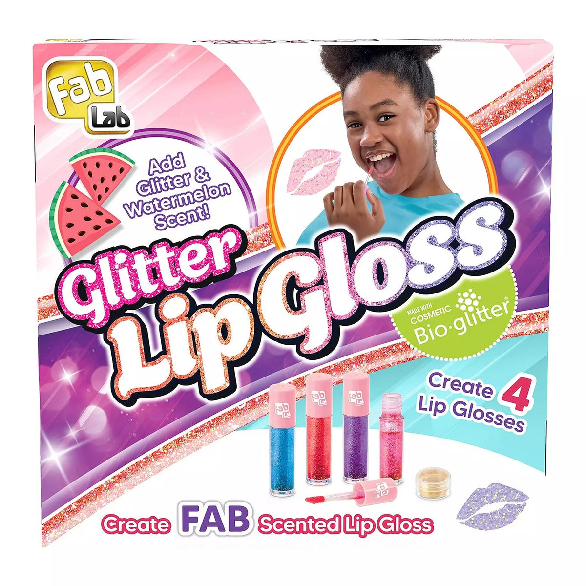 Fab Lab Glitter Lip Gloss kit packaging box featuring a smiling girl, watermelon graphics, and four lip gloss bottles shown on a white background.