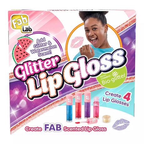 Fab Lab Glitter Lip Gloss kit packaging box featuring a smiling girl, watermelon graphics, and four lip gloss bottles shown on a white background.