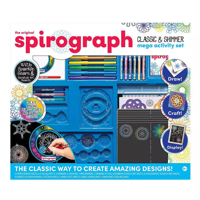 The original Spirograph Classic & Shimmer Mega Activity Set box cover, featuring a white background with a colorful collage of included tools such as drawing wheels, markers, and templates, plus circular callouts for Draw, Craft, and Display.