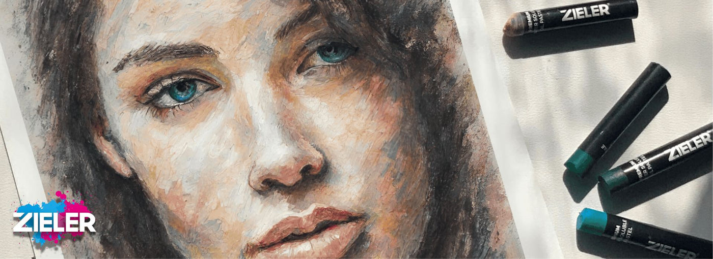 an oil painting of a woman's face next to oil pastels and the Zieler logo in pink and blue