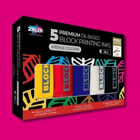 Packaging of 5 Premium Oil-Based Block Printing Inks by Zieler 