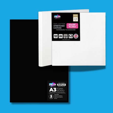 White art canvas and foam board on a blue background