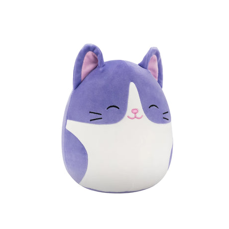 Purple and white plush cat toy on a white background