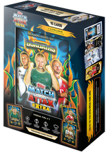 Box of Match Attax Extra trading card game featuring athletes and cards on a white background