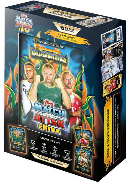Box of Match Attax Extra trading card game featuring athletes and cards on a white background
