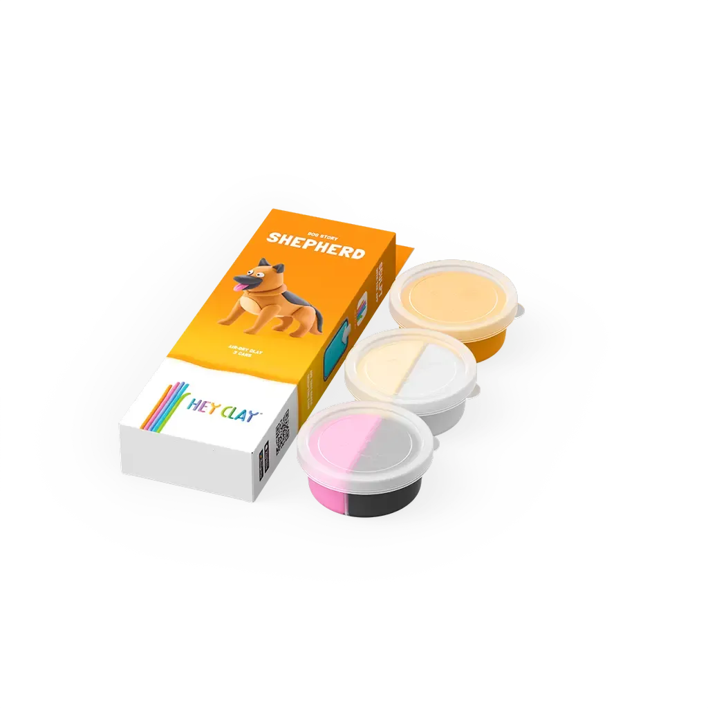 Set of colored clay pots with a packaging box featuring a dog illustration on a white background