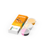 Set of colored clay pots with a packaging box featuring a dog illustration on a white background