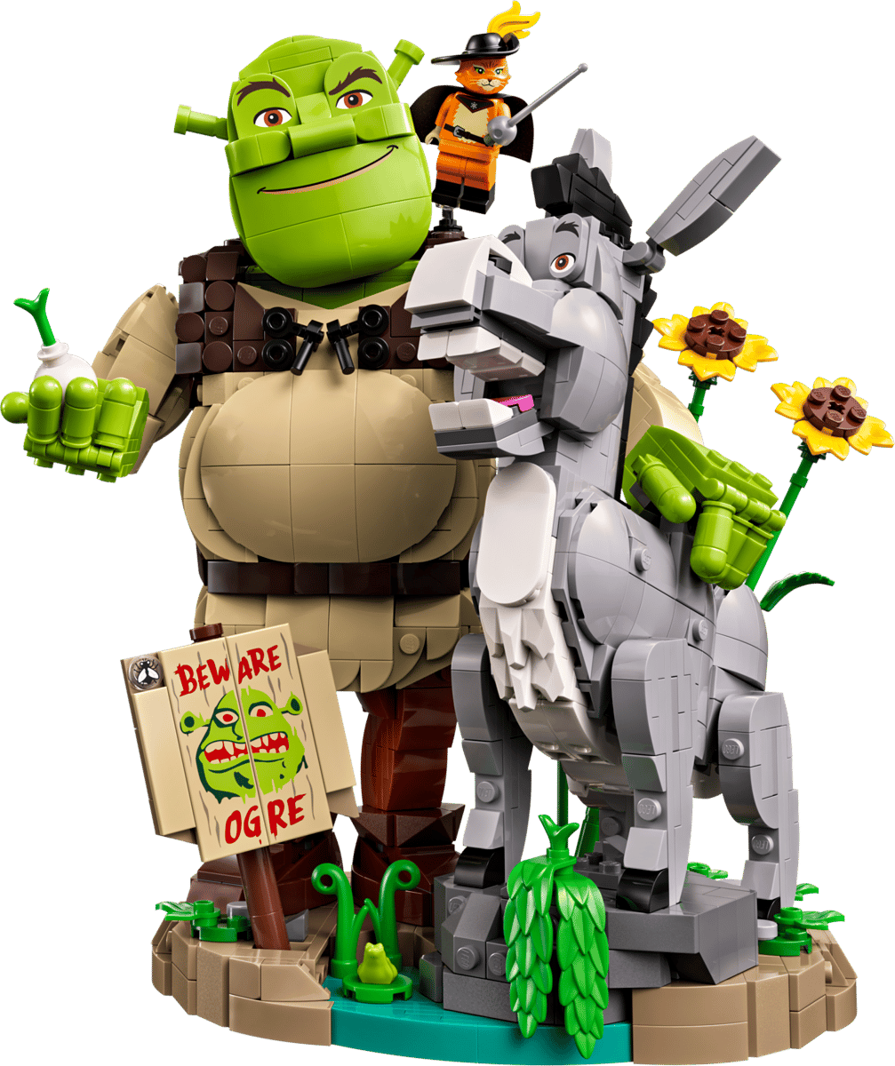 Toy figure of Shrek and Donkey with a donkey robot, on a green background