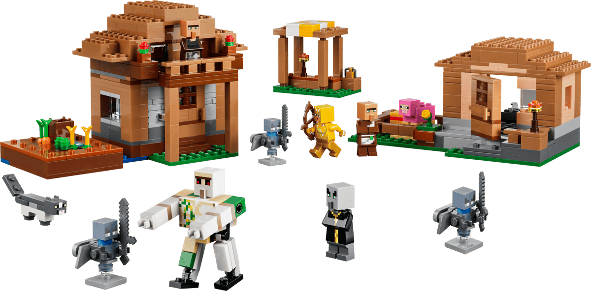 LEGO Minecraft set with villagers, animals, and buildings on a transparent background
