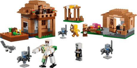 LEGO Minecraft set with villagers, animals, and buildings on a transparent background