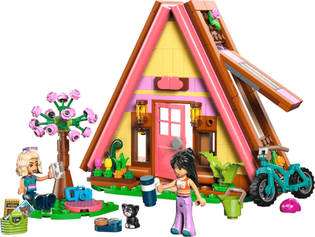 Toy house with two dolls, a cat, and various accessories on a transparent background
