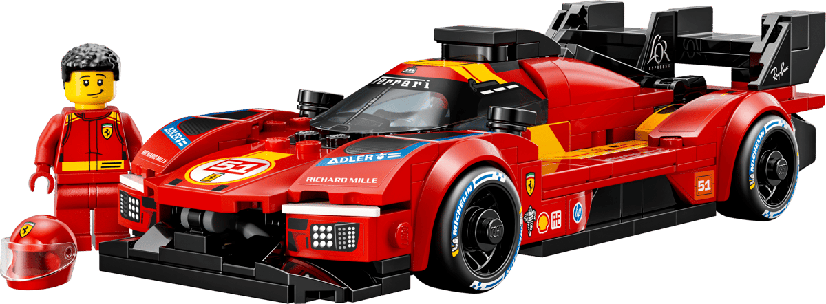 Red racing car model with a LEGO figure in a red outfit and helmet on a transparent background