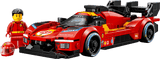 Red racing car model with a LEGO figure in a red outfit and helmet on a transparent background