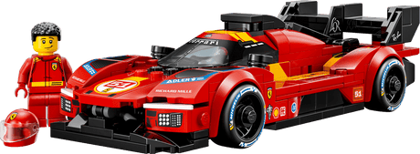 Red racing car model with a LEGO figure in a red outfit and helmet on a transparent background