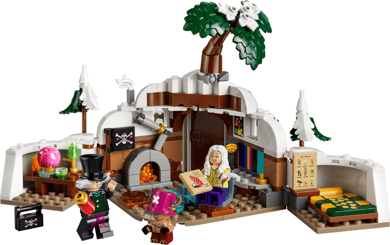 Toy set with a pirate ship, characters, and furniture on a transparent background