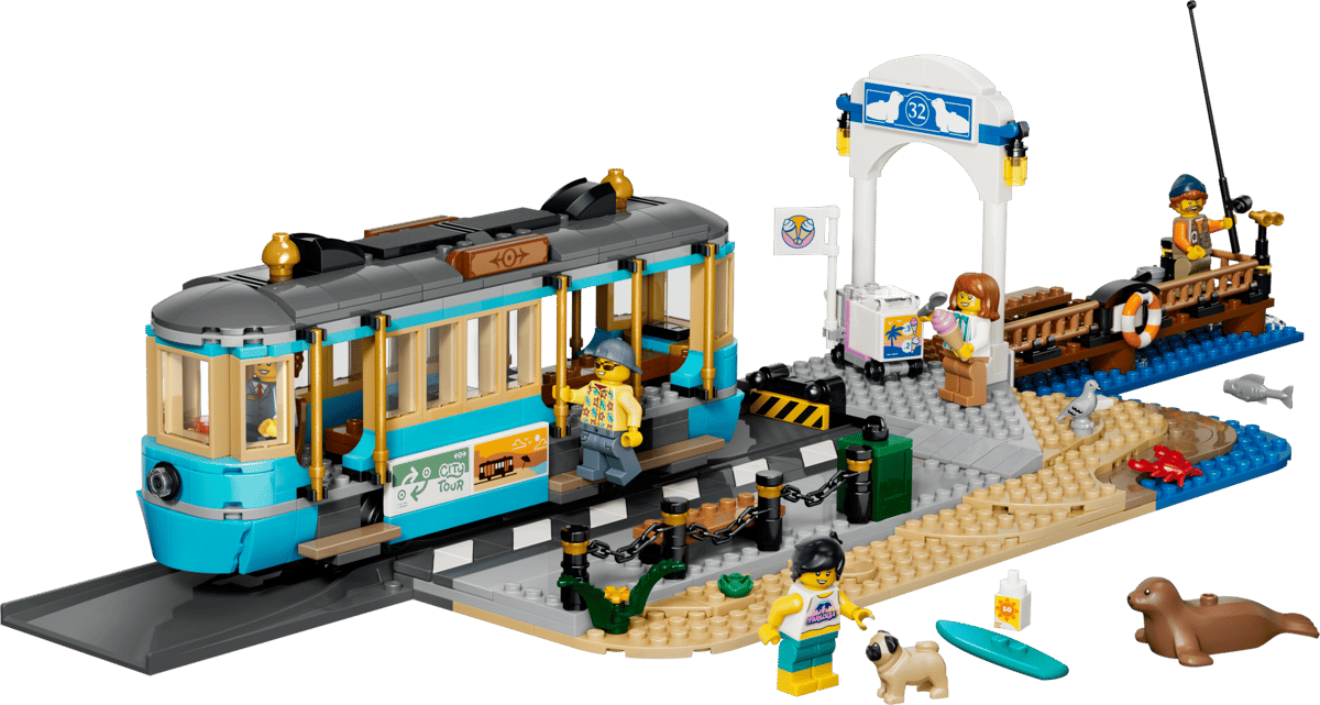 LEGO model of a tram and station with people and animals on a transparent background