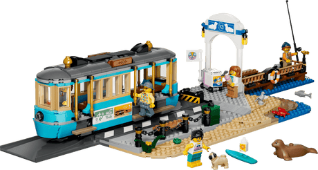 LEGO model of a tram and station with people and animals on a transparent background