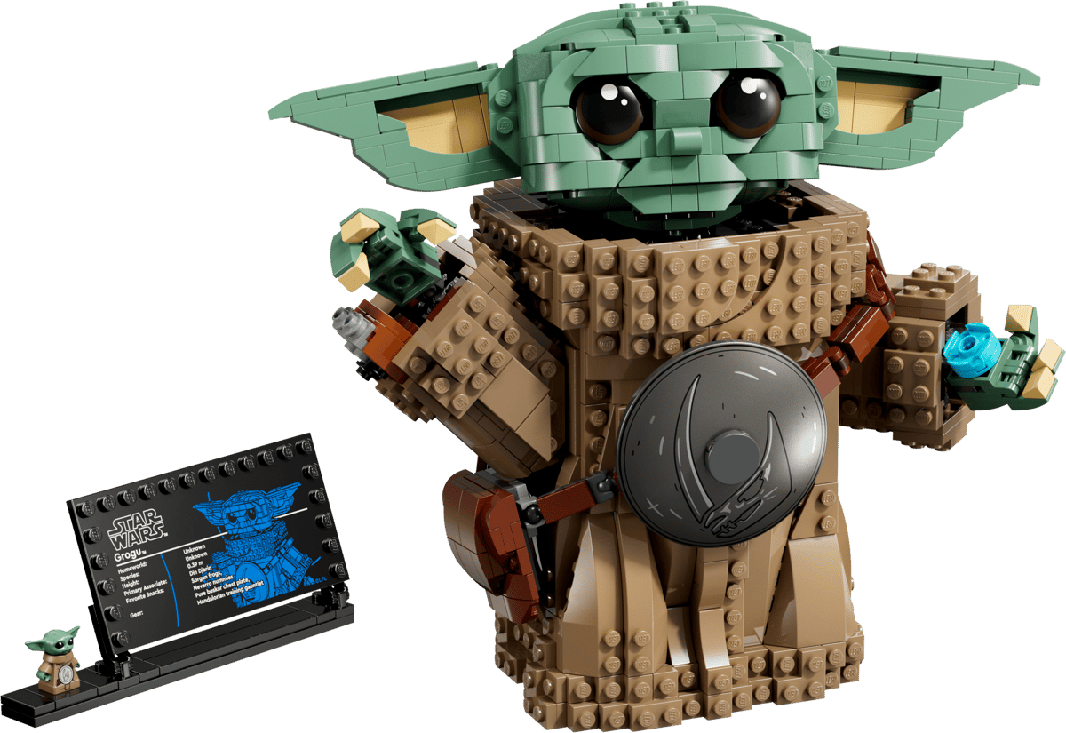 LEGO Baby Yoda figure with display stand on a transparent background