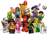 Collection of colorful LEGO minifigures with various accessories on a transparent background