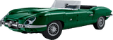 A green brick-built convertible sports car model, resembling a classic Jaguar E-Type, shown against a solid green background.