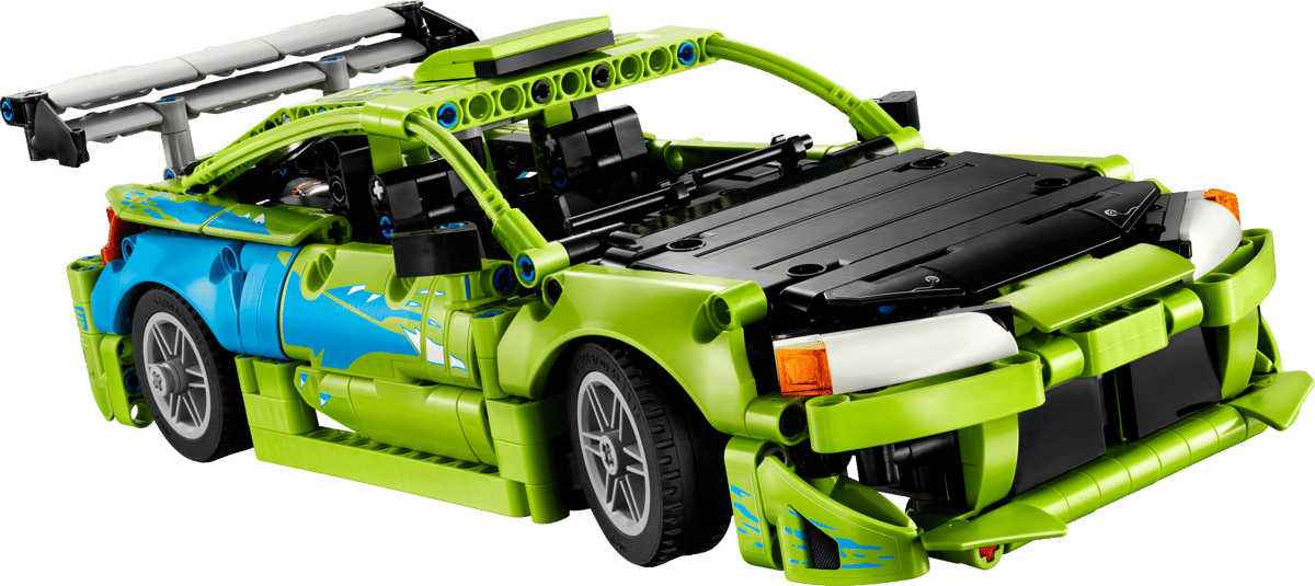Toy car model with green and black design on a transparent background