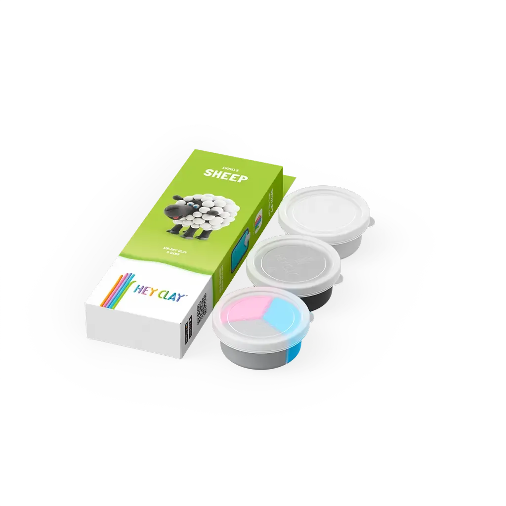 Set of colorful clay containers with a green box labeled 'Sheep' on a white background