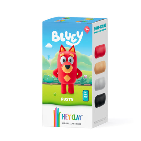 Box of Hey Clay air-dry clay set featuring the character Rusty from Bluey on a white background
