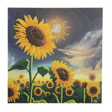 Sunflower painting with a mountain and cloud background