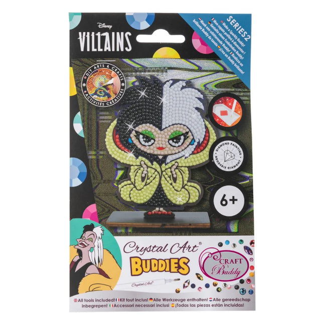 Packaged Disney Villains Crystal Art Buddies craft kit with character illustration on a white background