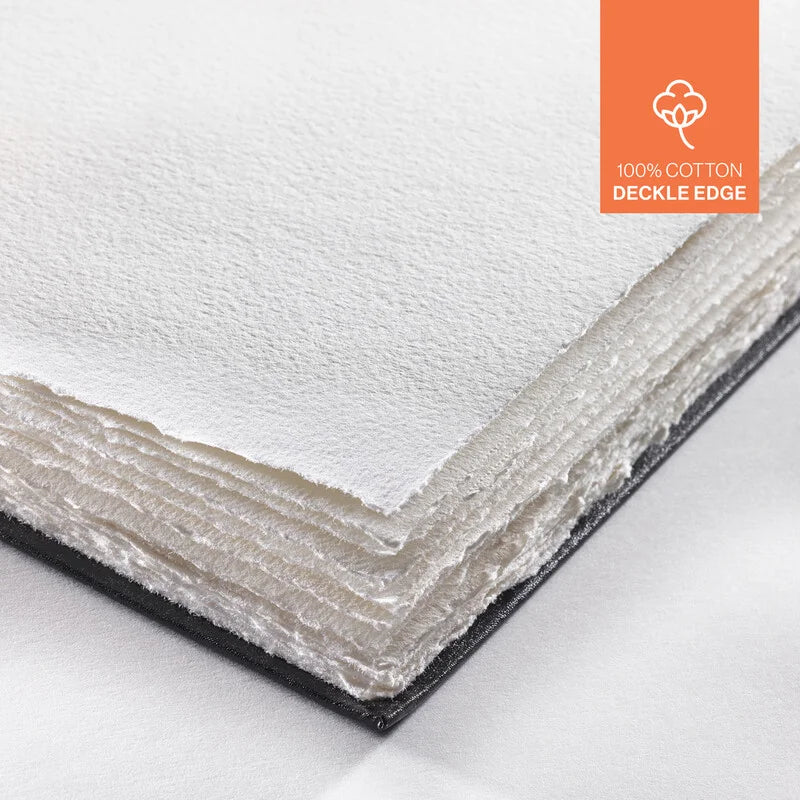 Close-up of white paper with a deckle edge, featuring an orange logo on the top right corner.