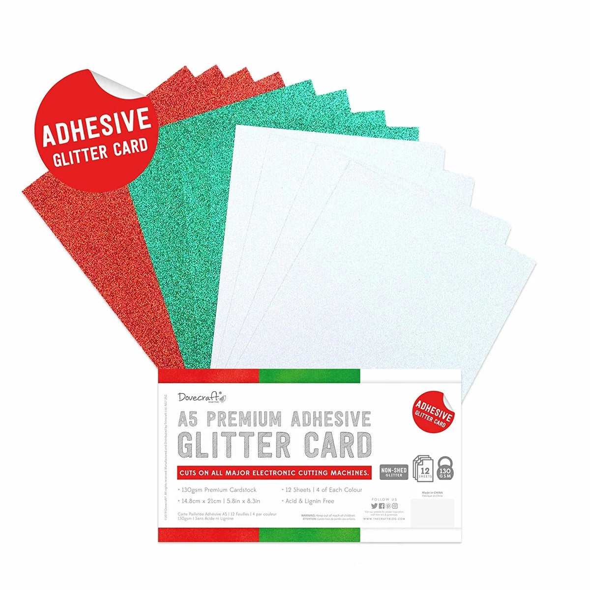 Dovecraft A5 Premium Adhesive Glitter Card - Festive Colours (12 Sheets)