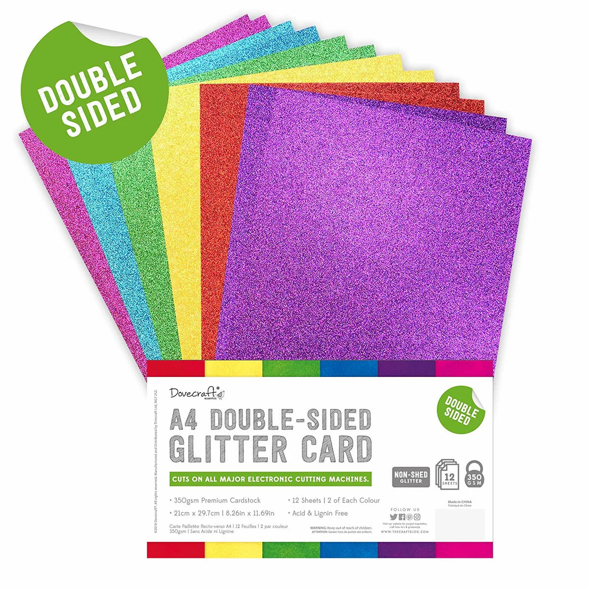 Dovecraft A4 Double Sided Glitter Card - Rainbow Bright  (12 Pack)