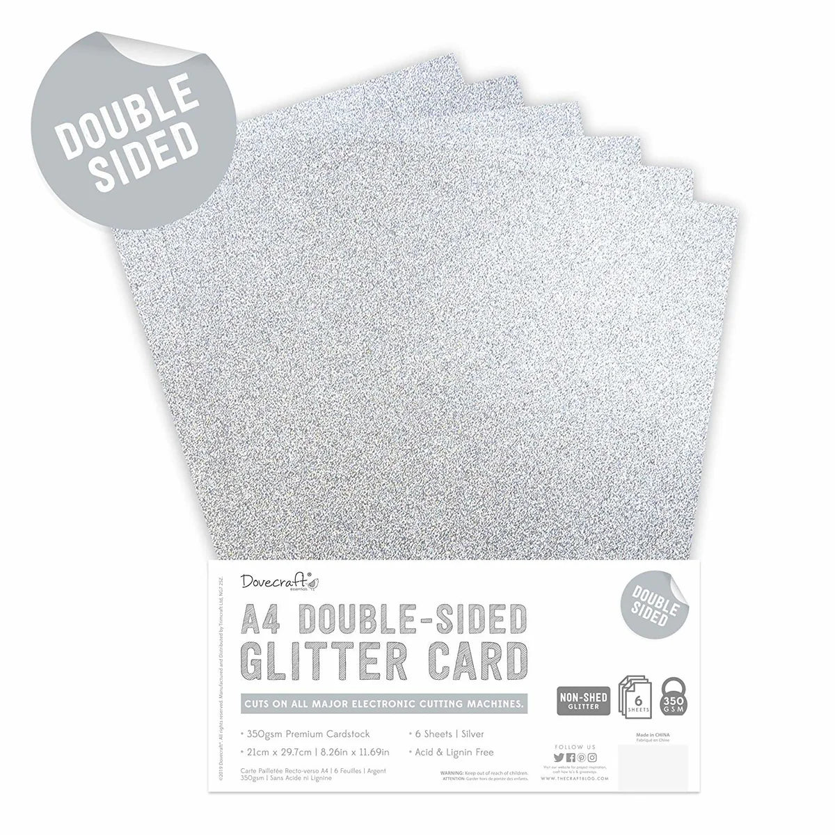 Dovecraft Glitter Car A4 Double Sided - Silver (12 Sheets)