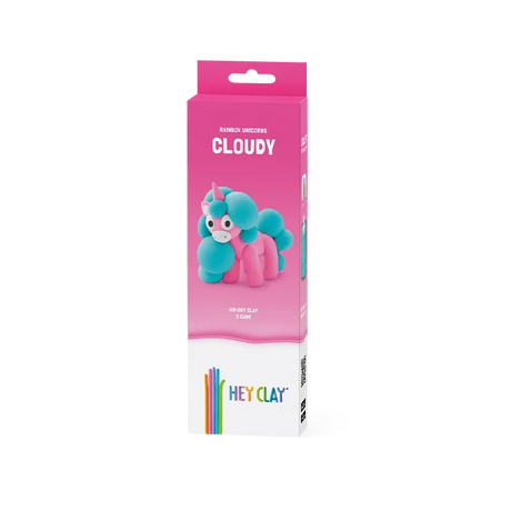 Pink packaging of Hey Clay Cloudy with a cloud-shaped character on a white background