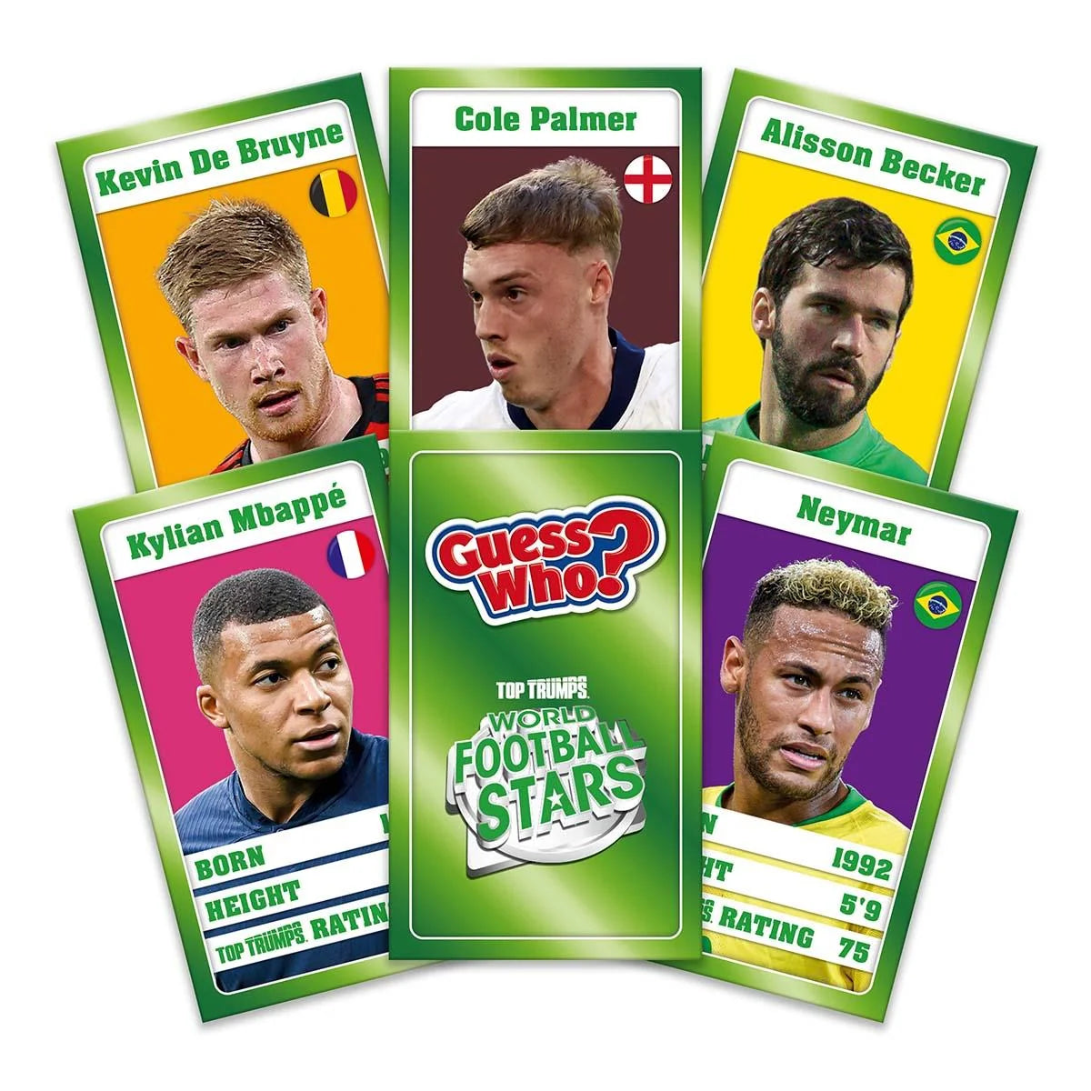 Five football-themed Guess Who? trivia cards fanned out around a central green card that reads 'Guess Who? World Top Football Stars.' The cards feature portraits of Kevin De Bruyne, Cole Palmer, Allisson Becker, Kylian Mbappé, and Neymar, each with a different bright background color and country flag.