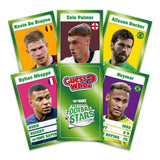 Five football-themed Guess Who? trivia cards fanned out around a central green card that reads 'Guess Who? World Top Football Stars.' The cards feature portraits of Kevin De Bruyne, Cole Palmer, Allisson Becker, Kylian Mbappé, and Neymar, each with a different bright background color and country flag.